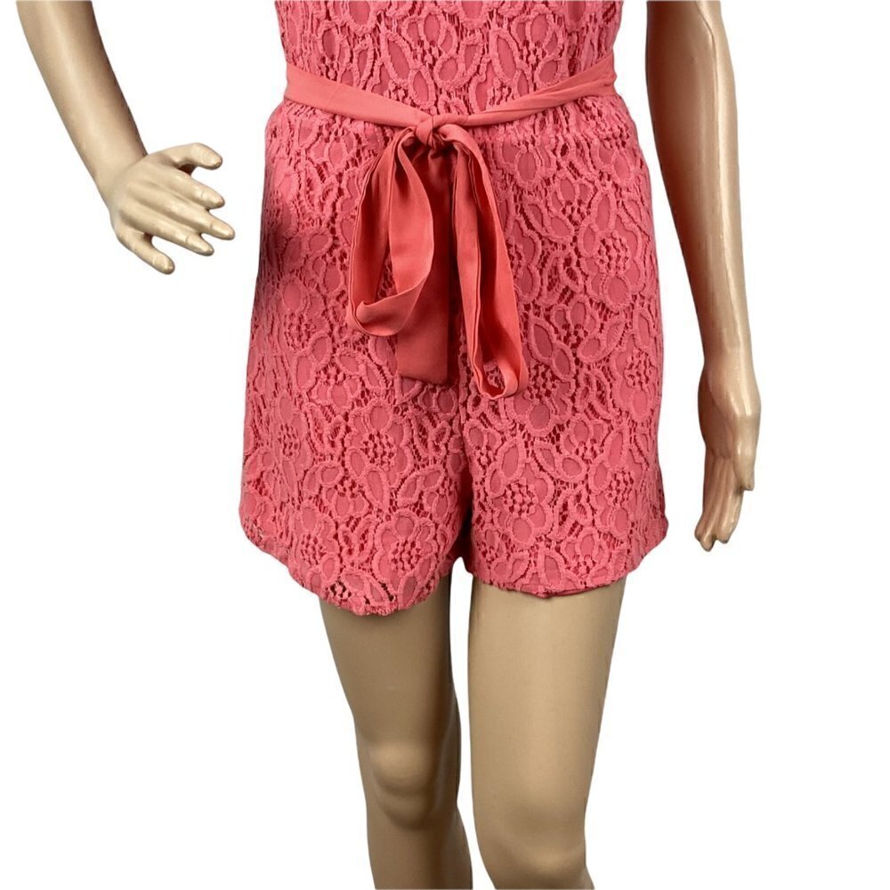Buttons Romper Size M Pink Sleeveless Crochet Overlay Belted - Picture 3 of 7